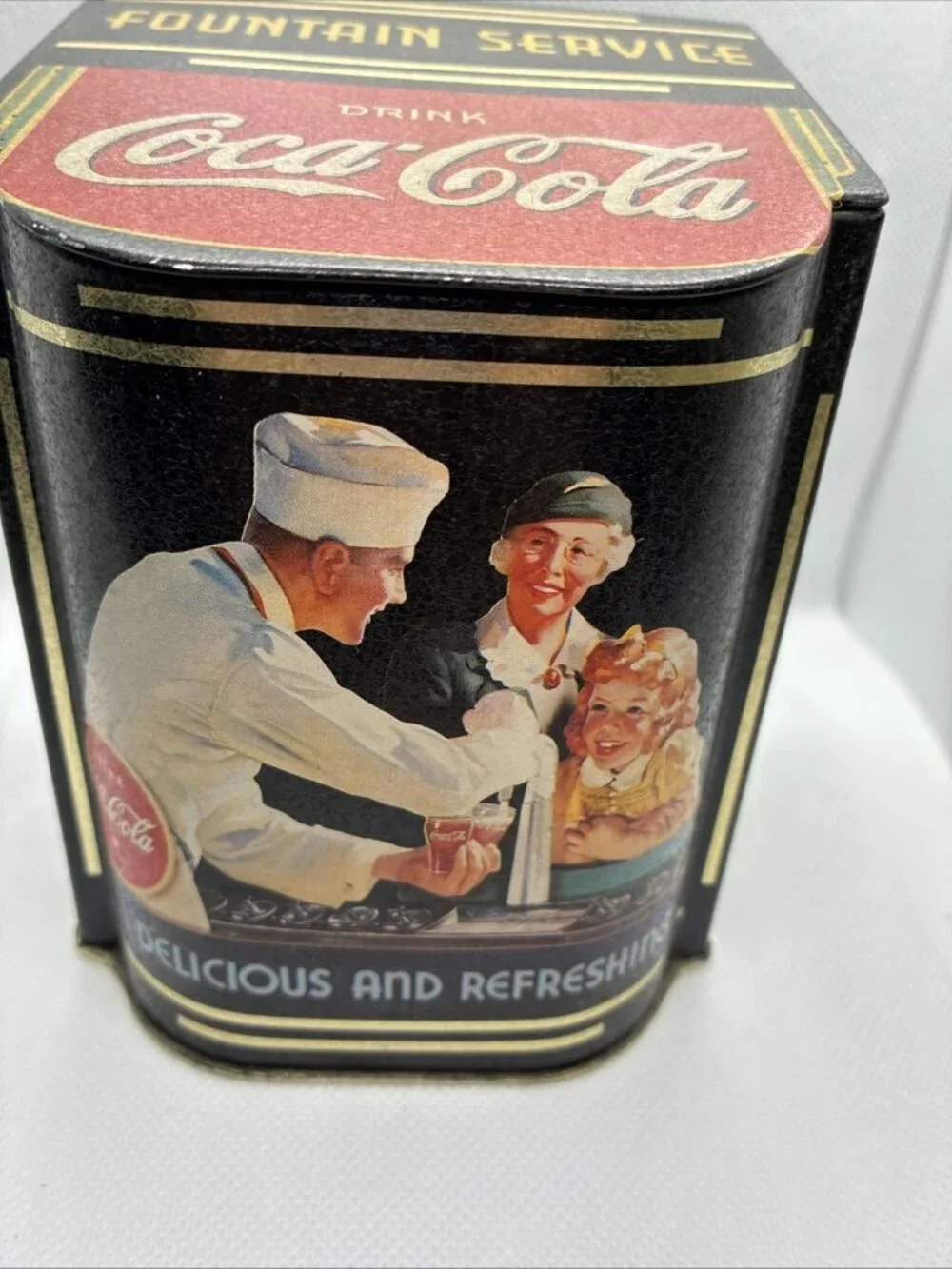 Vintage Coca Cola Fountain Service Tin Hinged Lid Bristolware 1995 Canister